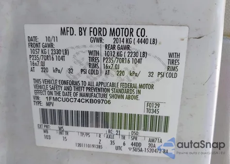 2012 Ford Escape Xls из США, поврежденный, VIN 1FMCU0C74CKB09706